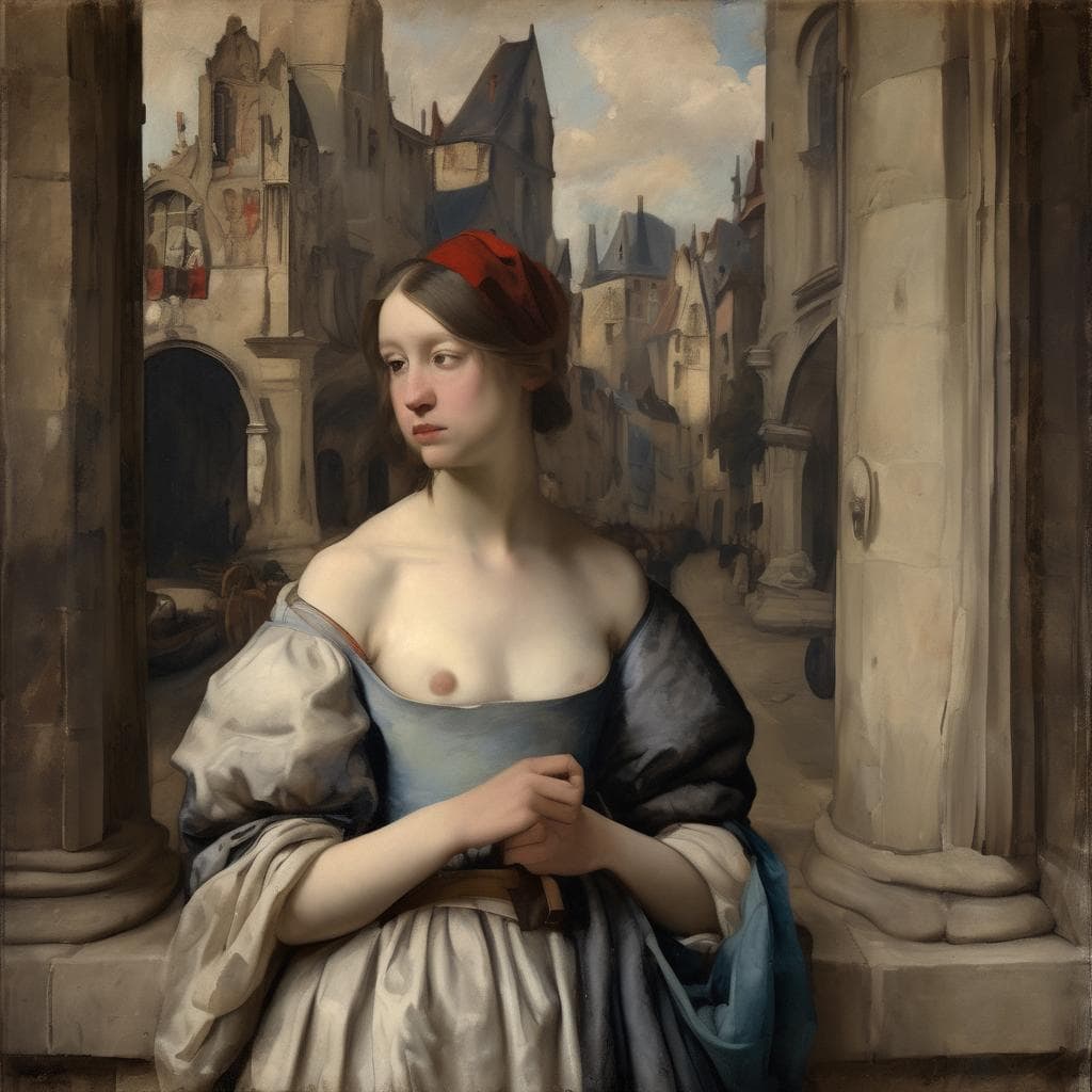 Ανθρώπινη γυναίκα σε δημιουργική και αυθεντική τέχνη, σε ρεαλιστικό πίνακα με αρχιτεκτονικά στοιχεία.