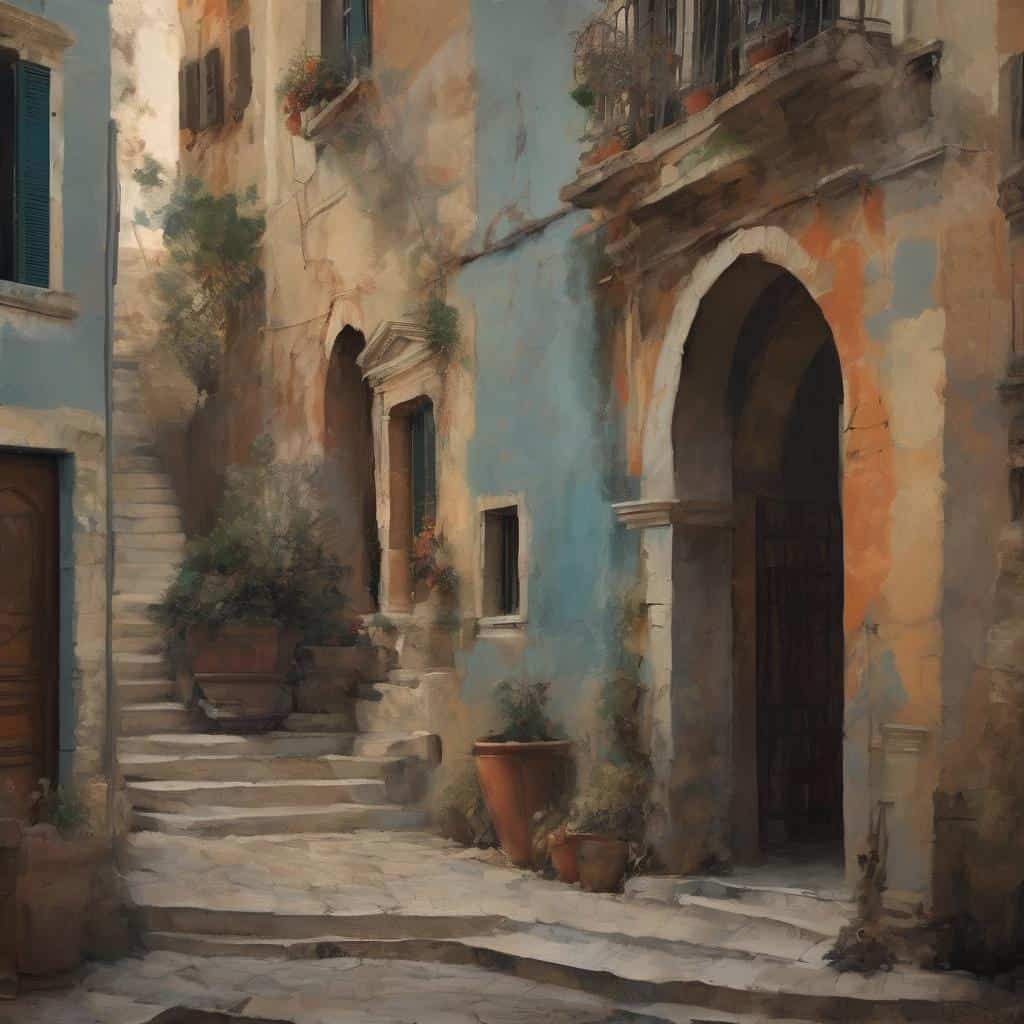 Αλτ κειμένου: Κατοικία σε παραδοσιακή ευρωπαϊκή γειτονιά με πολυεπίπεδα κτίσματα και φυτά.