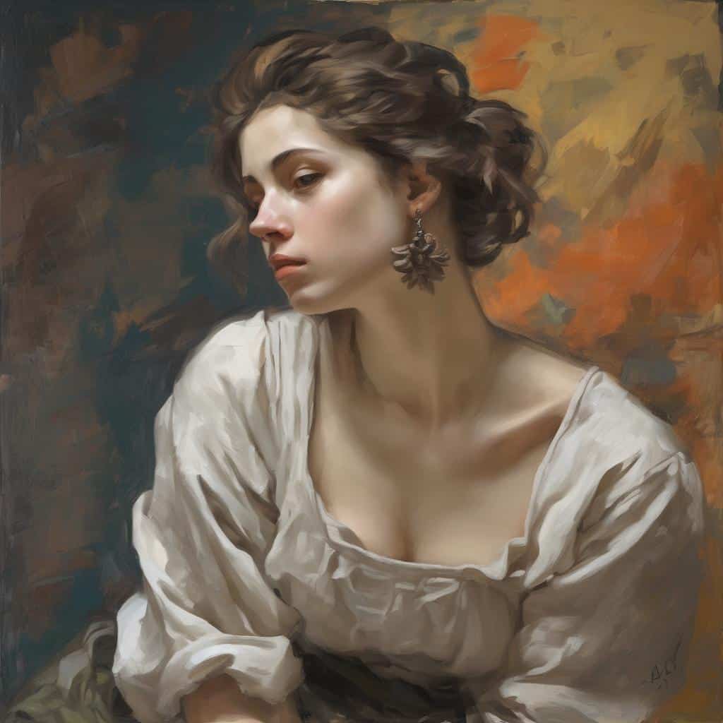 καλλιτεχνικό πορτρέτο γυναίκας με αυθεντικότητα και δημιουργικότητα στις τέχνες, ζωγραφική σε ρεαλιστικό στυλ.